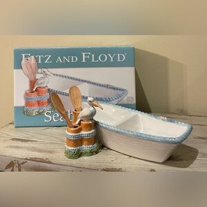 Fitz & Floyd Seaboard Ceramic Boat 2 Sectioned Bowl with Wood Spoons
